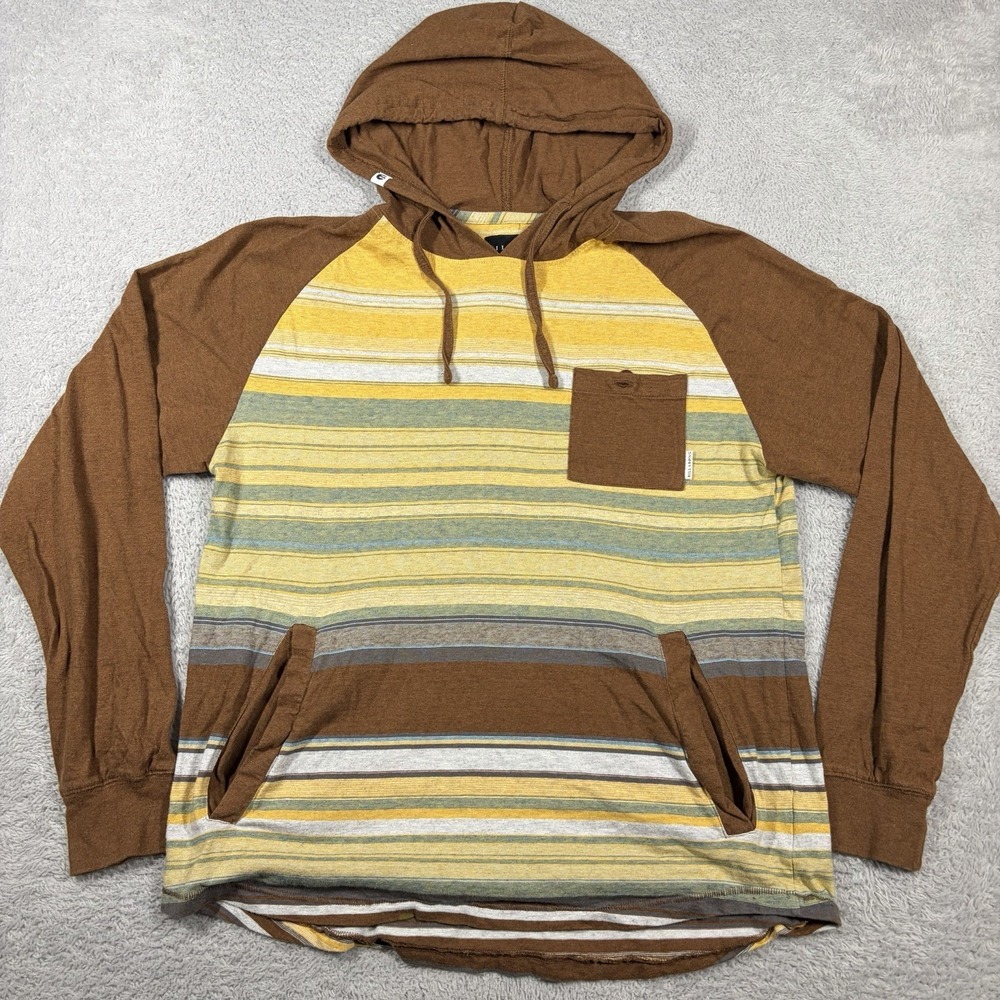 Billabong Hooded Shirt Mens Medium Earth Tones Stripe 100% Cotton Skater Surf